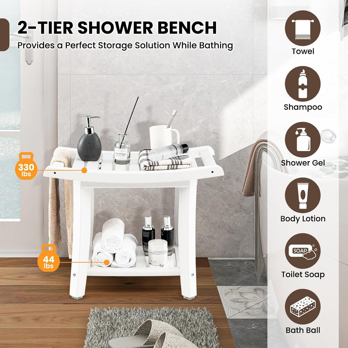 GOFLAME 2-Tier Shower Bench, Spa Bath Shower Stool with Curved Seat, 2 Easy-to-Grip Handles, Storage Shelf & Non-Slip Foot Pads, Waterproof Shower Chair for Bathroom, Living Room, Entryway, White