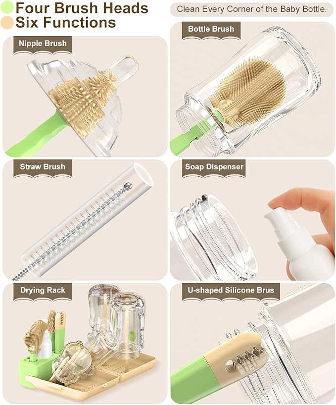 7 in 1 Baby Bottle Brush Set, BPA-Free Travel Bottle Cleaner Kit with U-Shaped Silicone/Nipple/Straw Brush, Portable Drying Rack, Soap Dispenser & Storage Box - Baby Travel & Home Essential