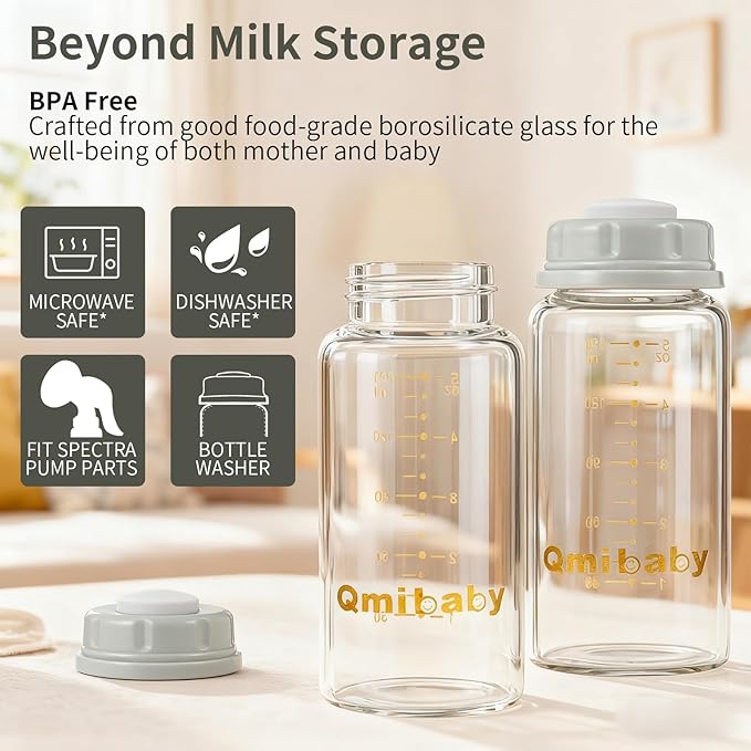 Natural Glass Baby Bottle 150ml 5oz Standard Neck Breast Milk Storage Bottles Compatible with Medela Breast Pumps for Breastmilk Storage Bottle Breastfeeding BPA-Free 6 Pack (Grey Lids)