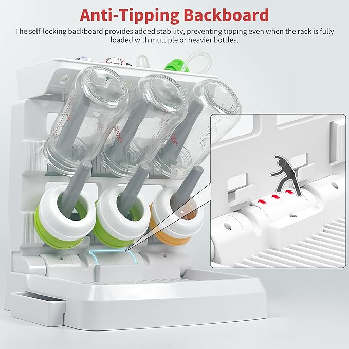 Baby Bottle Drying Rack for 6 Bottles, Vertical Cup Drying Holder, Space Saving Countertop Standing Bottle Dryer Rack for Baby Accessories & Pump Parts (Small White&Grey)