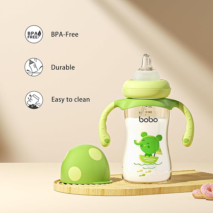 YOHKOH Natural PPSU Baby Bottle with Natural Response Nipple, Newborn Anti-Colic Baby Bottles with Handle, Wide Neck Mushroom Cap Baby Bottle (8.8oz (Pack of 4), Green)