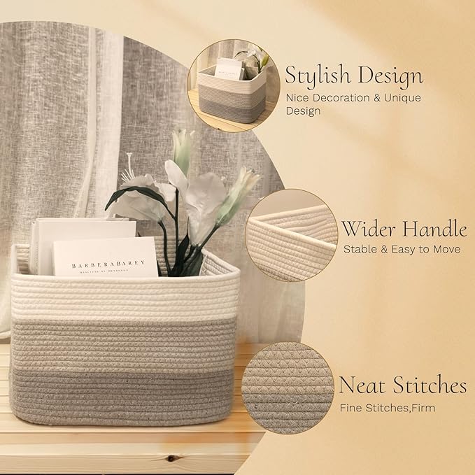Hopegiver Storage Baskets for Organizing with Handle, Woven Baskets for Shelves - Durable Gift Basket for Cloth Toys Books Baby, Cotton Rope Basket for Dog Cat, 15x11x10 Inch(White&Light-Gray&Gray)