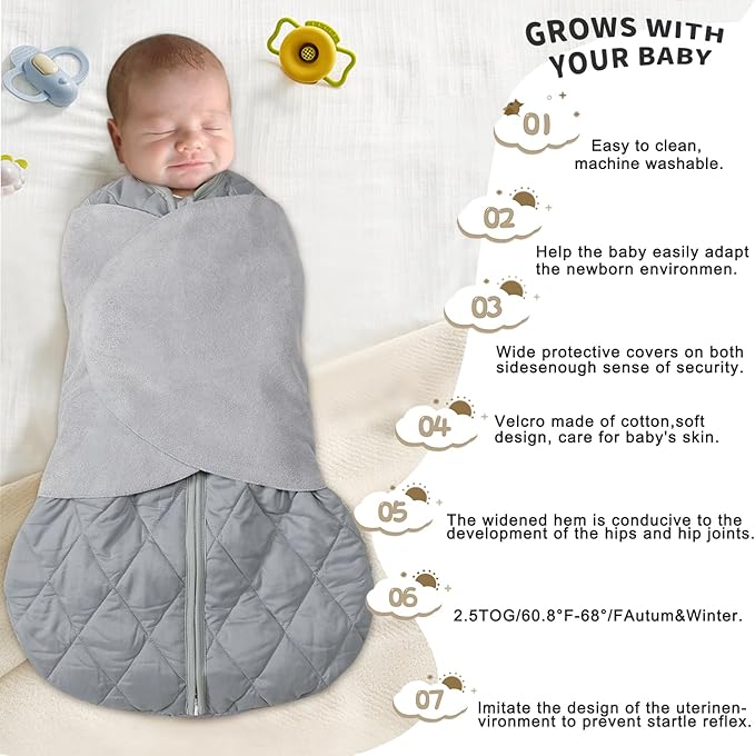 Newborn Sleep Sack Baby Swaddle,3-Way Adjustable Wearable Blanket,Swaddling Sleeping Bag,TOG 2.5 (Gray, 6-12 Months)