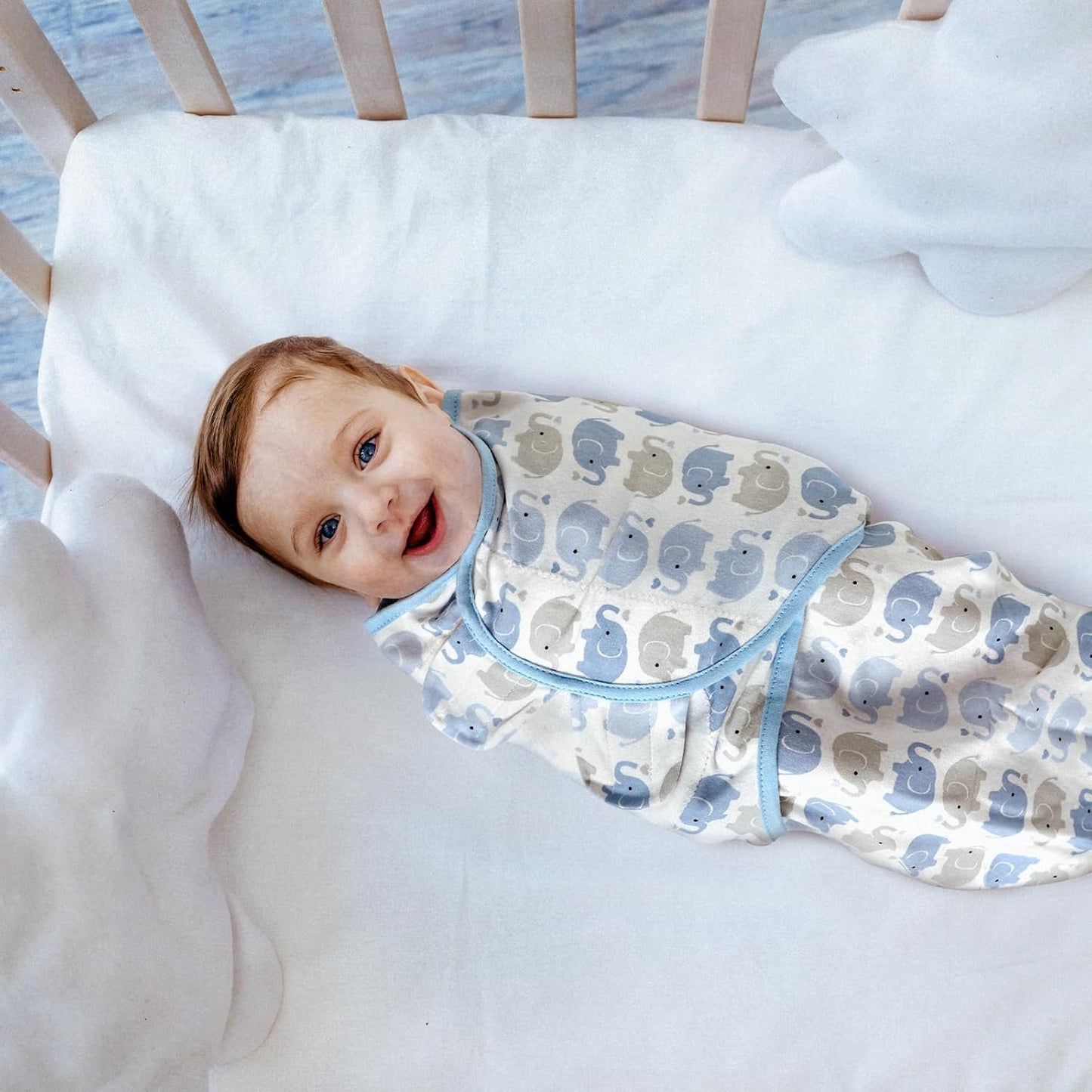 GLLQUEN BABY Swaddle Sleep Sack - 3 Pack Infant Swaddles for Newborn, Baby Swaddling Sack 0-3 Months, Ergonomic Newborn Swaddle Blanket for Baby Boy and Girl, Blue & Elephants