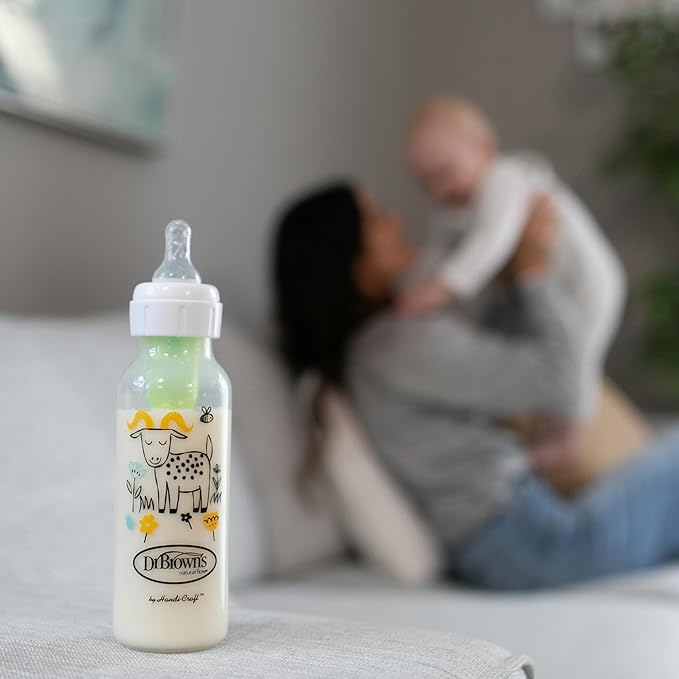 Dr. Brown's Natural Flow Anti-Colic Options+ Narrow Baby Bottle, Squirrel & Goat, 8 oz/250 mL, with Level 1 Slow Flow Nipple, BPA Free, 0m+, 2-Pack
