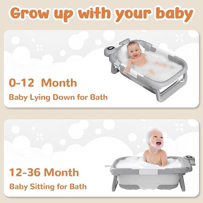 Collapsible Baby Bathtub for Newborn to Toddler (0-24 Months), Portable Baby Bath Tub for Travel, Newborn Bathtub with Soft and Supportive Cushion (Astronaut-Gray)