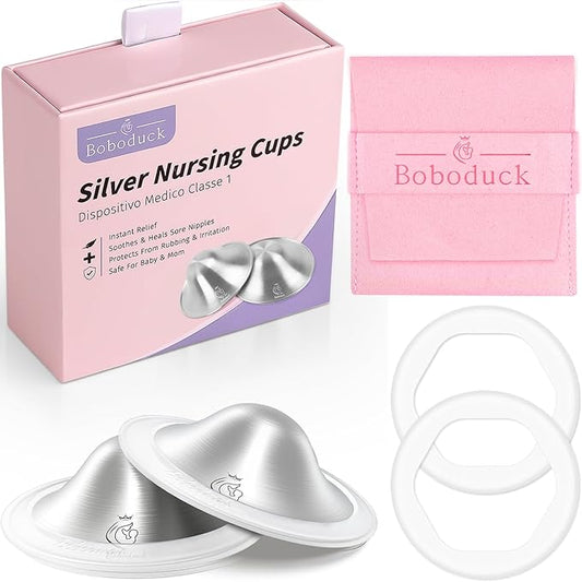 Boboduck The Original Silver Nursing Cups - 925 Silver Nipple Covers Breastfeeding - Protect and Soothe Sore Nipples - Silver Nipple Shield Guards with Soft Silicone Ring (X-Large)