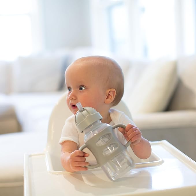 Dr. Brown's Milestones Wide-Neck Sippy Straw Bottle with 100% Silicone Handles and Weighted Straw, 9 oz/270 mL, Gray, 6m+