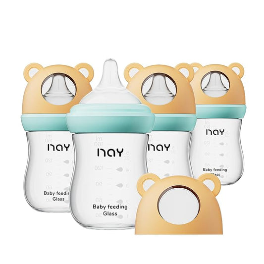 Natural Glass Baby Bottle for Breastfeeding Babies, 5.4oz Anti-Colic Baby Bottle with Natural Response Nipple(S), Clear, Wide Neck, 4 Pack, 1 Months+