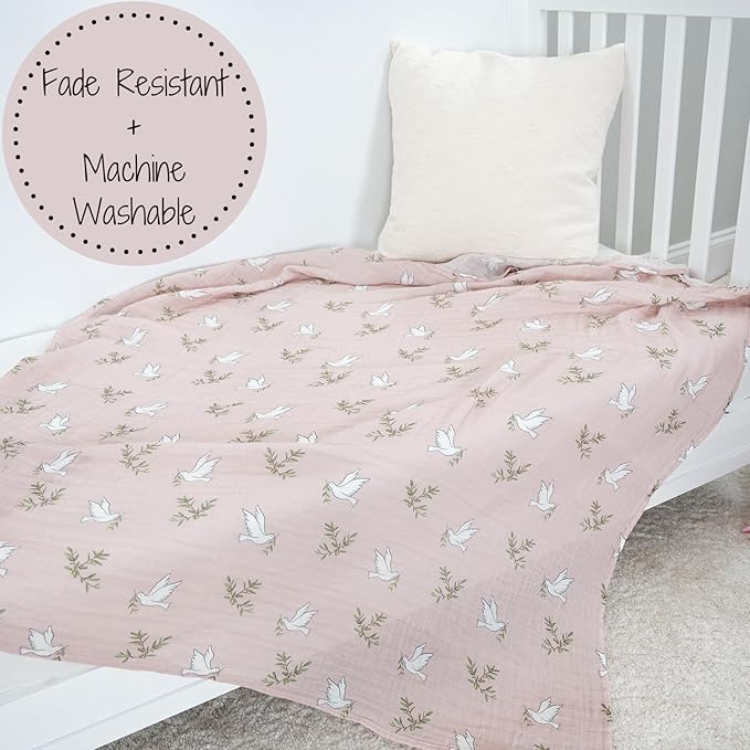 LollyBanks Baby Blanket, 100% Cotton Muslin Swaddle, Soft 47 x 47 Inches for Girls, Nursery Essentials, Registry (Dove Print)