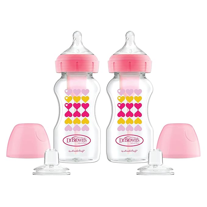 Dr. Brown’s Anti-Colic Options+ Wide-Neck Sippy Bottle Starter Kit, 9oz/270mL, with Level 3 Medium-Fast Flow Nipple and Soft 100% Silicone Sippy Spout, Pink, BPA Free, 6m+, 2 Pack