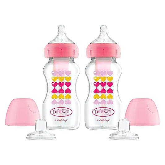 Dr. Brown’s Anti-Colic Options+ Wide-Neck Sippy Bottle Starter Kit, 9oz/270mL, with Level 3 Medium-Fast Flow Nipple and Soft 100% Silicone Sippy Spout, Pink, BPA Free, 6m+, 2 Pack