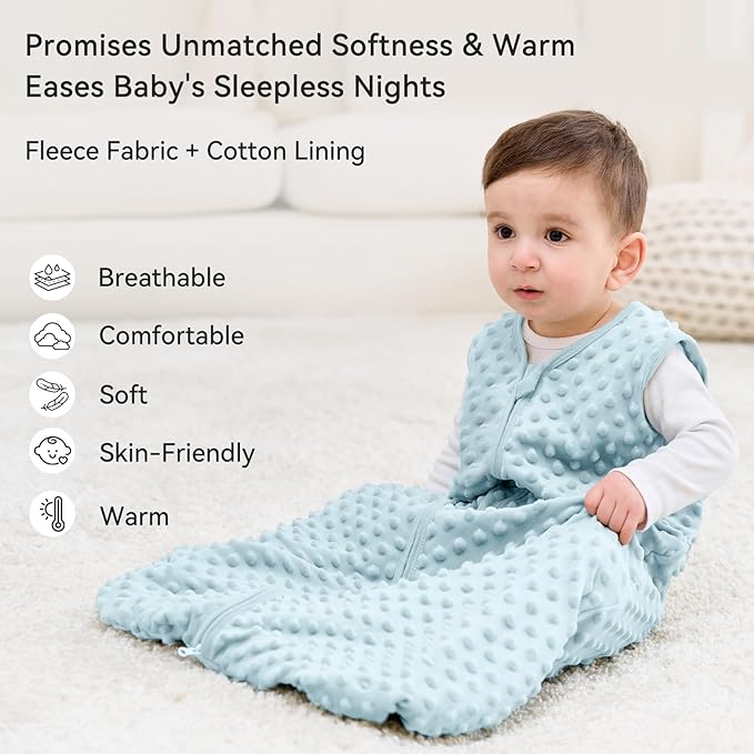 Fleece Baby Sleep Sack 12-18 Months with Plush Dots 1.5 Tog Baby Wearable Blanket with 2-Way Zipper Warm Sleeping Sack for Toddler Infant - Large, Sky Blue