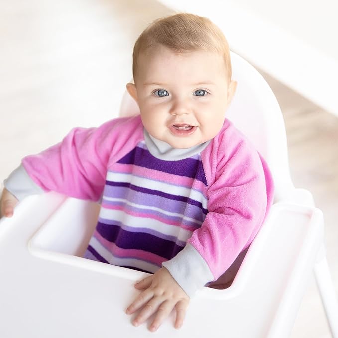 Kiddologic Bibit-all Baby Feeding Bib, Long Sleeves, Ribbed Cuffs and High Collar, Stretchy Pullover Smock, Soft Absorbent Terry, Waterproof Lining, Infant Girl 6-12 Months, Wild Orchid (Pink) Stripe