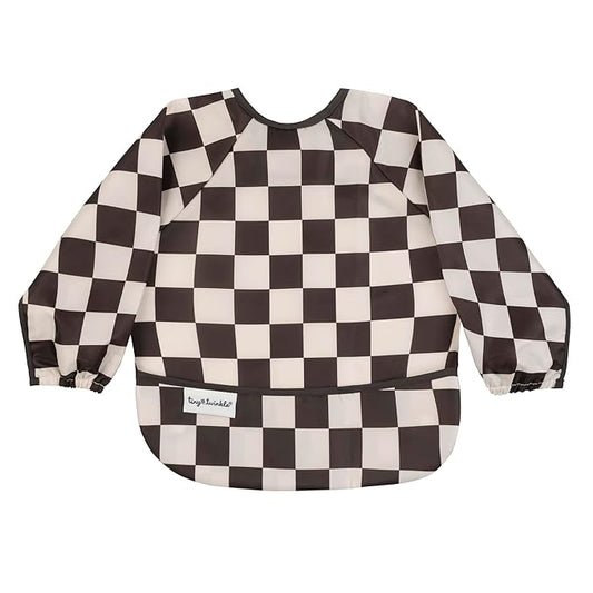 Tiny Twinkle Long Sleeve Bib for Babies & Toddlers – Waterproof Smock Bib for Eating – Machine Washable & Mess-Proof, Baby Feeding Essential & Shower Must-Have(Checkers Black, 6–24M)