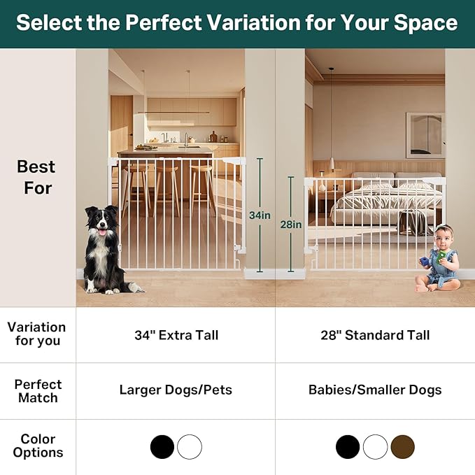 Cumbor 34" Extra Tall No Bottom Bar Baby Gate for Stairs, Wall Mounted Dog Gate Indoor for Larger Pets, Expandable 29.2-43" Safety Gate for Doorways, Wide Walk Thru Door for Easy Access (White)
