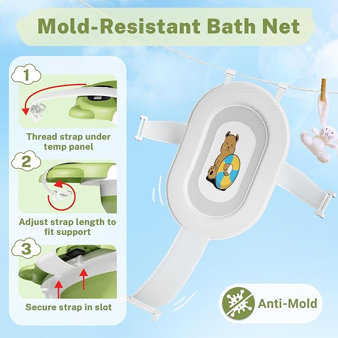 AVIDOR Baby Bathtub,Collapsible Bathtub for Newborn to Toddler,Durable Essential Infant Bath Tub,Portable Travel Baby Tub with Soft Cushion,No-Slip Hanging and Detachable(Green)