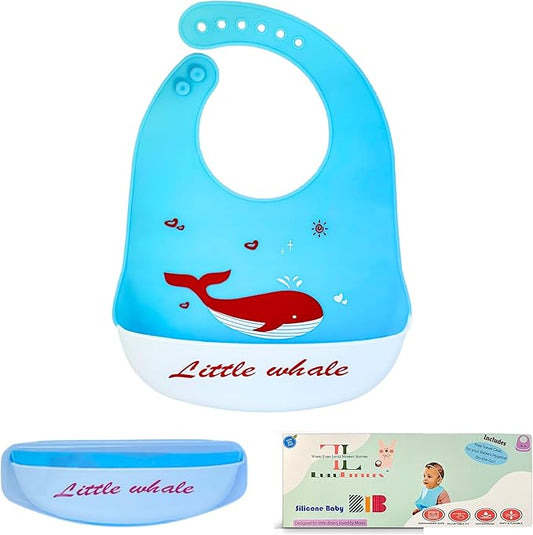 Silicone Baby Bibs Unisex, Self-Feeding, Catch-all Large Pocket, 6-48 months, BPA-Phthalate Free, w/Travel Case