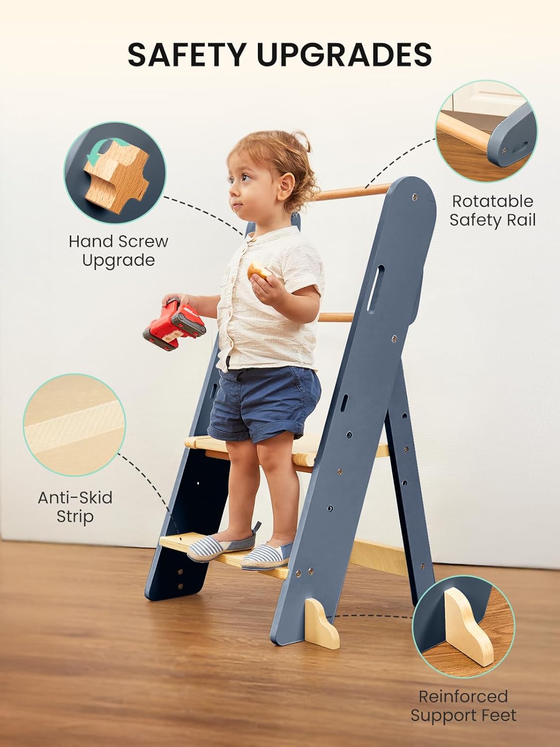 GROWNSY Foldable Step Stool Toddler Tower, Toddler Kitchen Stool Helper, Collapsible Kids Standing Learning Tower with 3 Adjustable Heights and Safety Net for Kitchen Bathroom Sink Counter (Blue Gray)