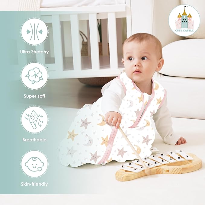 Cute Castle Baby Sleep Sack 12-18 Months - Lightweight 100% Cotton 2-Way Zipper TOG 0.5 Infant Wearable Blanket, Newborn Essentials Toddler Sleep Clothes, 3 Pack(Pink, Moon, Stars)