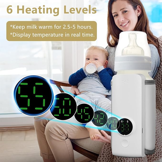 Portable Bottle Warmer for Travel, Instant Heating & Constant Warming, Portable Baby Bottle Warmer On The Go for Breastmilk, Large Capacity Battery-Powered & Rechargeable, Temperature Display