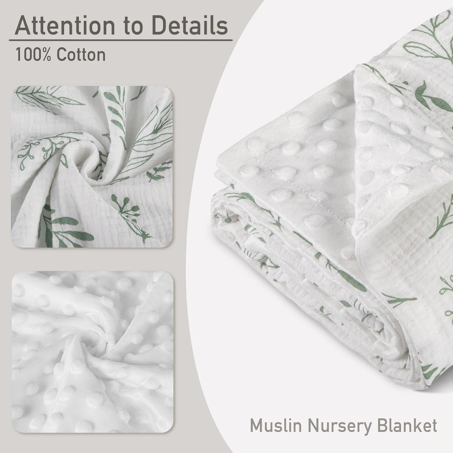 GLLQUEN BABY Blankets for Unisex Boys Girls, 2-Pack Muslin Cotton Front Soft and Breathable, and Dotted Fleece Backing, Printed Bed Nursery Minky Blankets for Toddler Newborn, Greenery,30 x 40 inches
