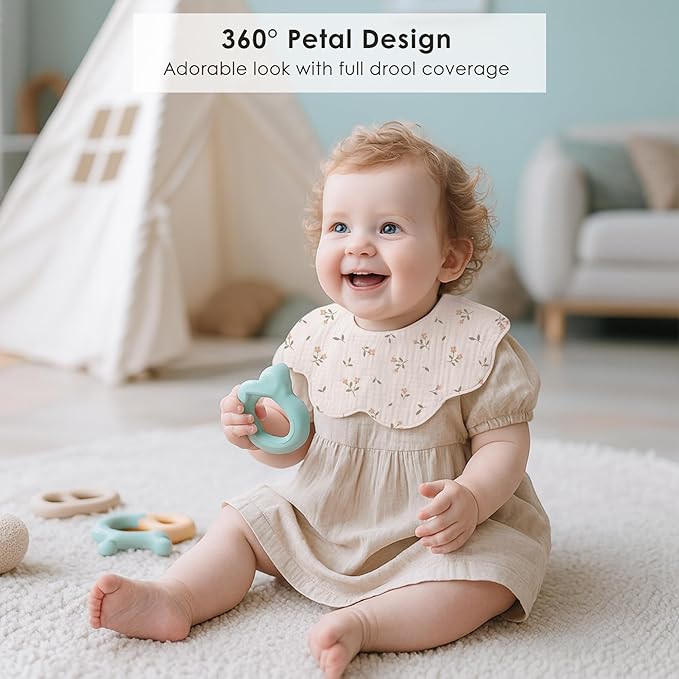 Muslin Baby Bibs, 6 Pack 100% Cotton Absorbent 360 ° Rotate Flower-Shaped Bandana Drool Bibs for Baby Girls & Boys