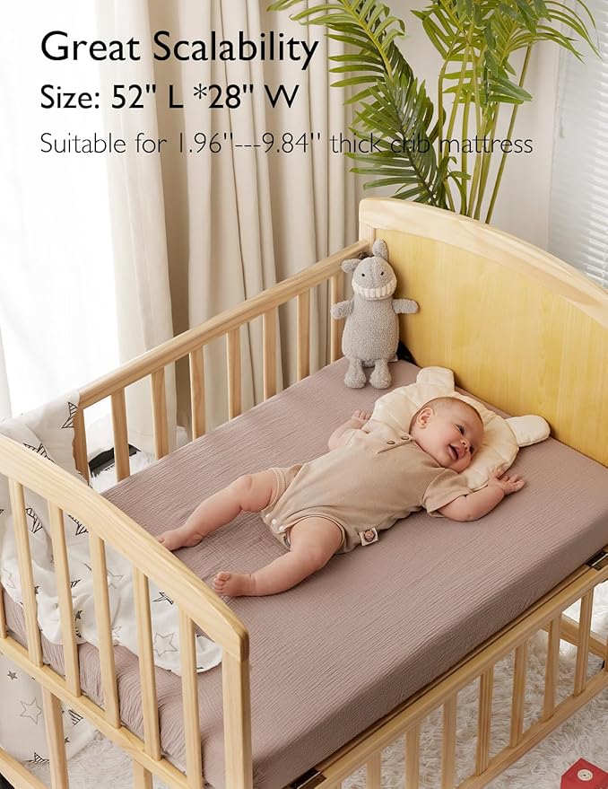 Momcozy Muslin Standard Fitted Crib Sheets, 52"x28", 2 Pack Soft Breathable Natural Cotton Baby Mattress Sheet, 360° Mattress Wrapping No Slip Boys Girls Neutral Toddler Bed Sheet, Beige Coffee Red