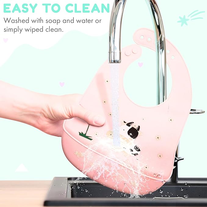 Silicone Baby Bibs Unisex, Self-Feeding, Catch-all Large Pocket, 6-48 months, BPA-Phthalate Free, w/Travel Case