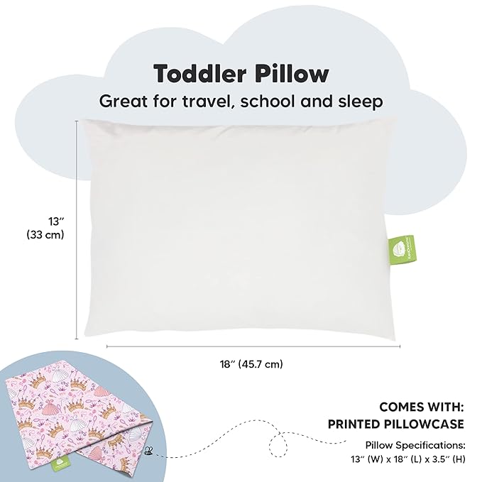 Toddler Pillow with Pillowcase - 13x18 My Little Dreamy Kids Travel Bed Pillows for Sleeping, Organic Cotton Small Pillowcase, Soft & Breathable, Machine Washable,Toddlers 2-5 years old(Dear Princess)