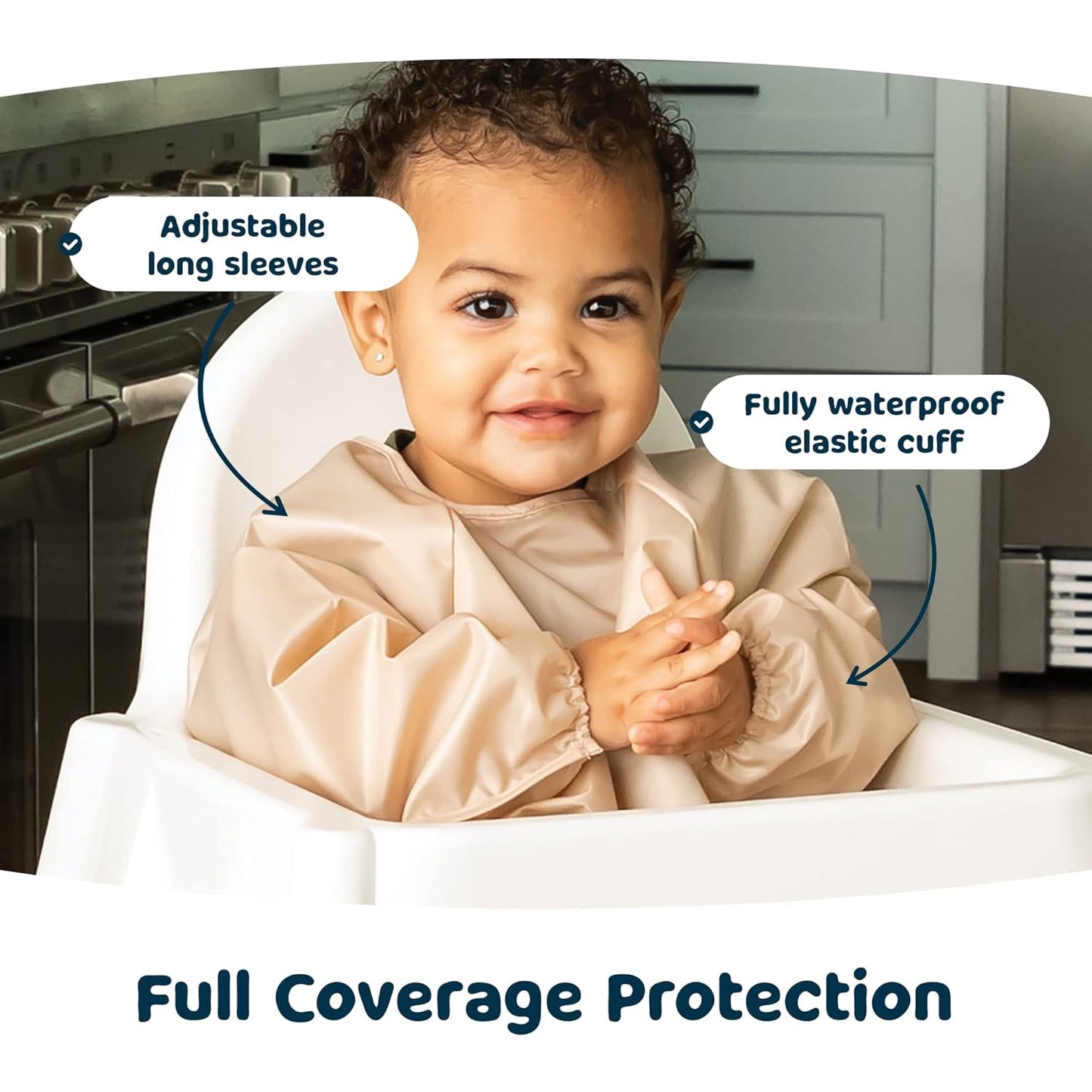 Tiny Twinkle Mess Proof Baby Bibs, 2pk Waterproof Smock Baby Bibs for Eating, Machine Washable Long Sleeve Bibs, Baby Led Weaning, Toddler Bibs, BLW Supplies (Sand Cinnamon, Small 6-24 Months)