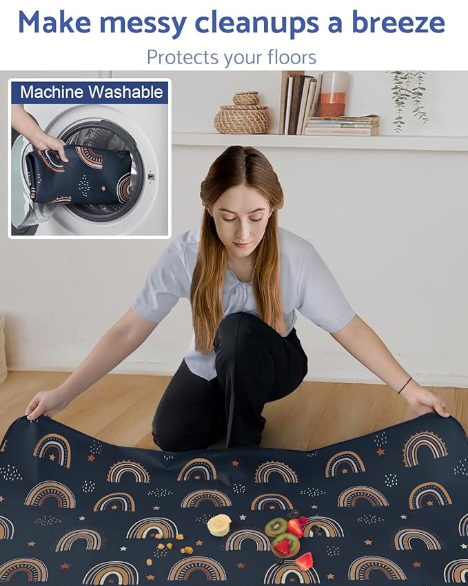 Blissful Diary Baby Splat Mat for Under High Chair, 50.4 x 50.4 Inch Wipeable Splash Mat, Waterproof and Washable, Anti-Slip Floor Protector, Retro Rainbow