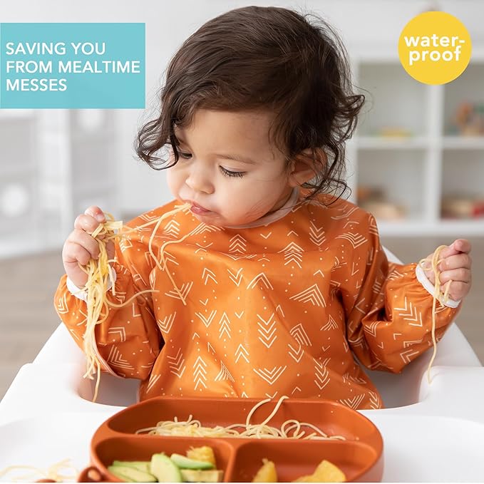 Bumkins Sleeved Bib for Girl or Boy, Baby and Toddler for 6-24 Mos, Essential Must Have for Eating, Feeding, Baby Led Weaning Supplies, Long Sleeve Mess Saving Food Catcher, Soft Fabric, Boho Orange