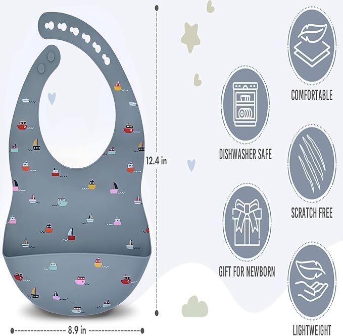 BPA-Free Silicone Baby Bibs with Travel Case, Toddlers Boys/Girls, Large Pocket, Adjustable, Toddlers 6-48 Months