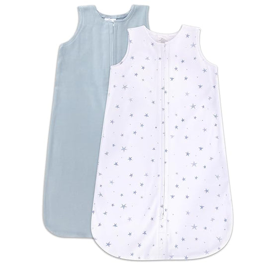 Ely's & Co. 100% Cotton Wearable Blanket Baby Sleep Bag Solid Dusty Blue and Dusty Blue Stars 2 Pack (Baby Boy, Girl 0-3 Months)