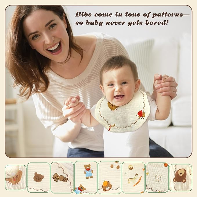 EllieHouse Baby Bibs for Girls Boys 8 Pack Muslin Drool Teeth Drooling Teething Bibs Muslin Cotton for Toddler Infant