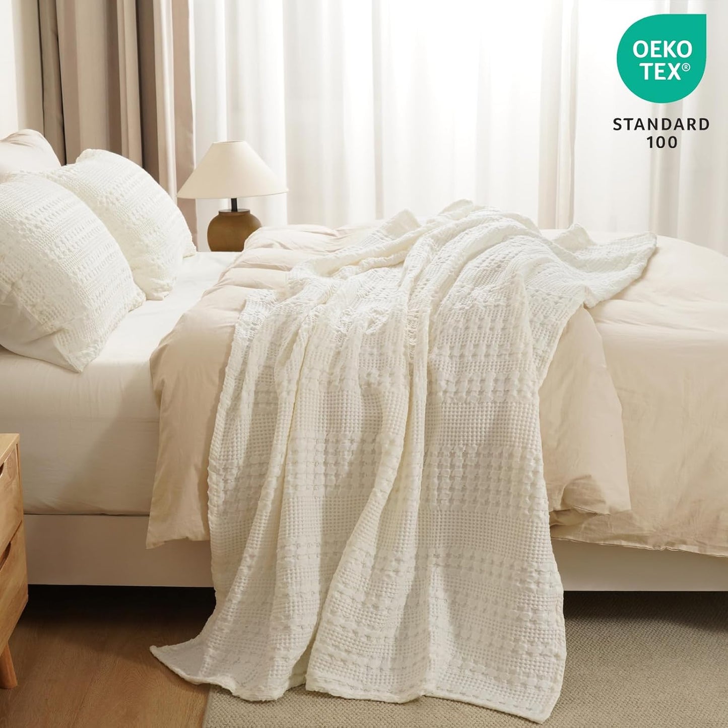 PHF 100% Cotton Waffle Weave Throw Blanket, Soft Lightweight Breathable Cozy Summer Throws for Couch Bed Sofa, Luxury Aesthetic Woven Blanket for Home Decor & Office, 50"x60", Ivory