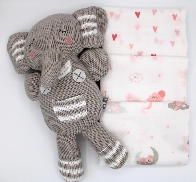 100% Muslin Cotton Baby Receiving Cloths, 3-Pack, 27x27 in (70x70cm), Soft & Gentle for Newborns, Sensitive Skin Safe, For Feeding, Burping & Comfort, 0+ Months (Hearts/Teddy Bear/Clouds)