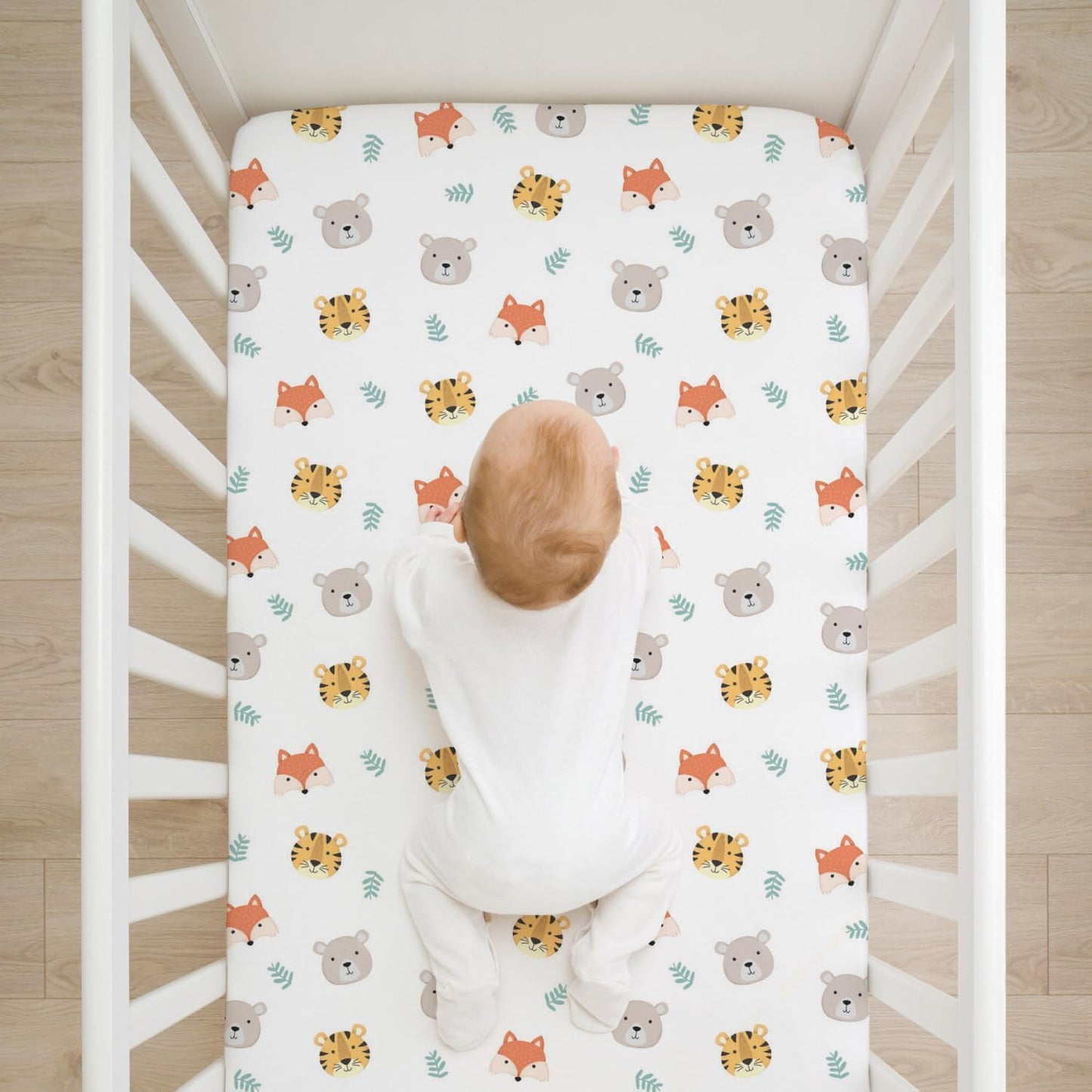 Organic All in One Crib Sheet and Mattress Protector - Waterproof Protectors - Reusable Washable – Fits Cribs – 52”x28”- with 9” Skirt Tiger Bear Fox