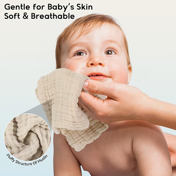 Muslin Baby Washcloths 6 Pack, 100% Cotton Wash Cloths for Babies, Large 12''X12'' Burp Cloths Absorbent and Soft for Newborn Infants Kids Boys Girls - Multicolor