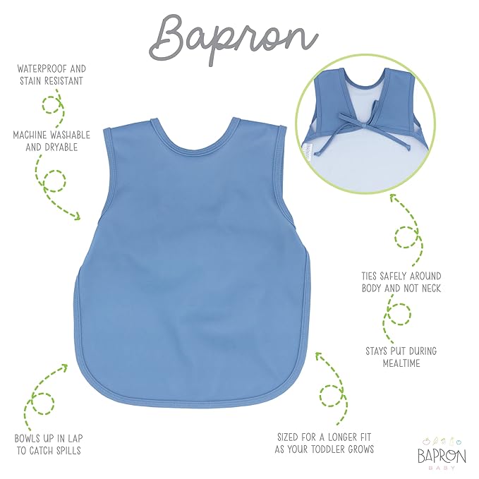 BapronBaby Minimalist Dusty Blue Bapron - No Neck Tie Safer Bib for Baby & Toddler - Soft Waterproof Stain Resistant - Machine Washable - Sz Preschool 3-5yrs