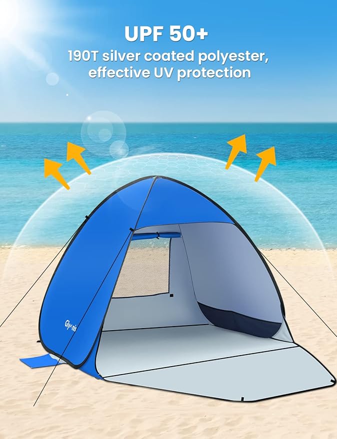 Glymnis Pop Up Beach Tent Beach Shade Tent for 1-4 Persons Sun Shelter UPF 50+ Enclose Zipper Door Portable Easy Up Beach Tent