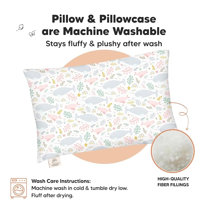 Toddler Pillow with Pillowcase - 13x18 My Little Dreamy Kids Travel Bed Pillows for Sleeping, Organic Cotton Small Pillowcase, Soft & Breathable, Machine Washable, Toddlers 2-5 Years Old (Narwhal)