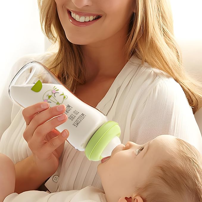 YOHKOH Natural Glass Baby Bottle with Natural Response Nipple, Newborn Anti-Colic Baby Bottles, Wide Neck Mushroom Cap Baby Bottle, Clear (8.8ounce (Pack of 4), Green1)