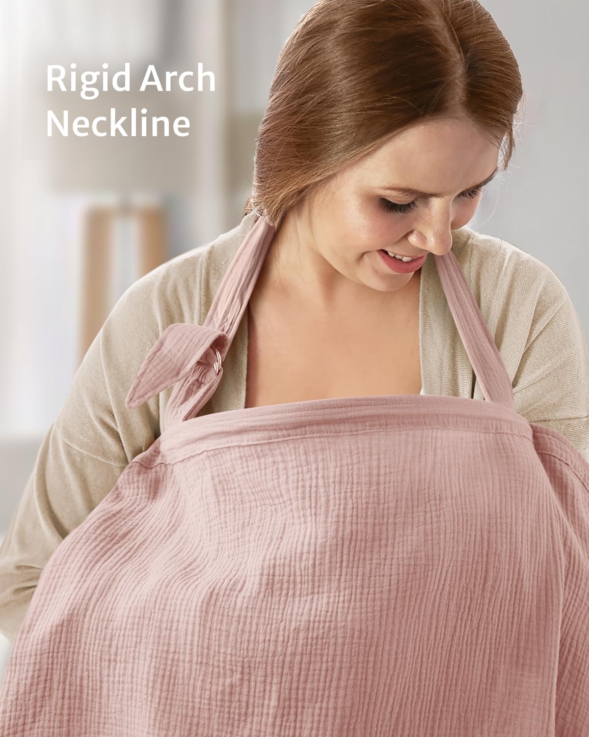 Blissful Diary Muslin Nursing Cover for Breastfeeding, Breathable Breastfeeding Cover up with Arch Neckline for Women, Nursing Apron(Pink)