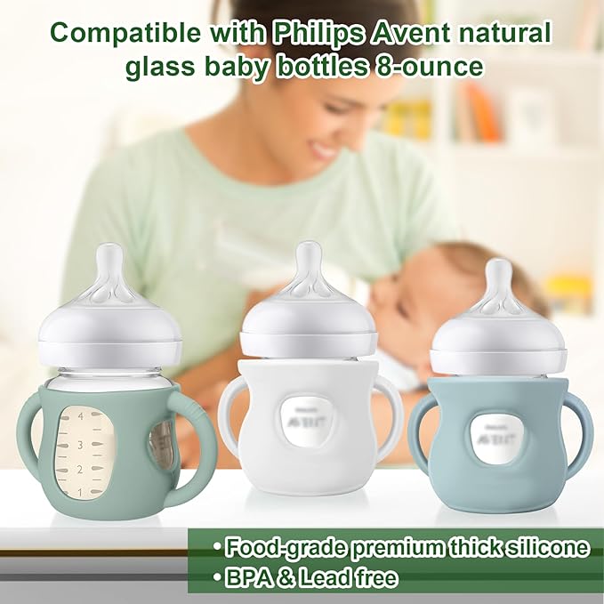 Juome Silicone Sleeves with Handles for Avent Natural Glass Baby Bottle - 3 Pack Anti Breakage Baby Bottles Holder, Compatible with Philips Avent Anti Colic Baby Bottles 4 oz