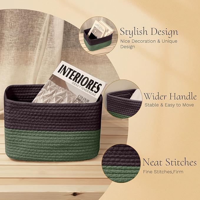 Hopegiver 3 Pack Storage Baskets for Organizing with Handle, Woven Baskets for Shelves - Durable Gift Basket for Cloth Toys Books Baby, Cotton Rope Basket for Dog Cat, 11x8x7 Inch(Brown&Green)