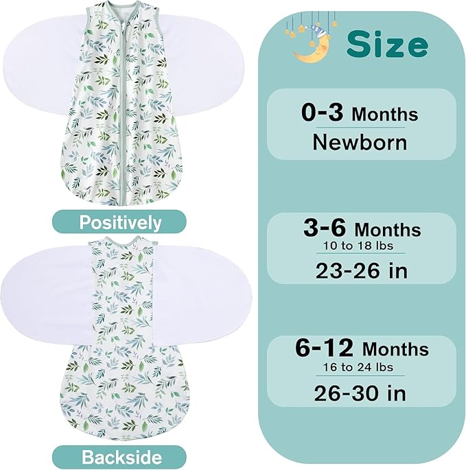 Newborn Sleep Sack Baby Swaddle,3-6 Months,3-Way Adjustable Wearable Blanket,100% Rayon Cotton Swaddling Sleeping Bag，TOG 0.5（Banana&Leaf）