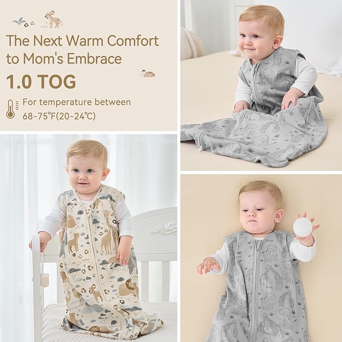 Baby Sleep Sack 6-12 Months 1.0 Tog Baby Wearable Blanket 100% Cotton Sleeping Sack with 2-Way Zipper for Infant Newborn Apricot & Gray Elephant