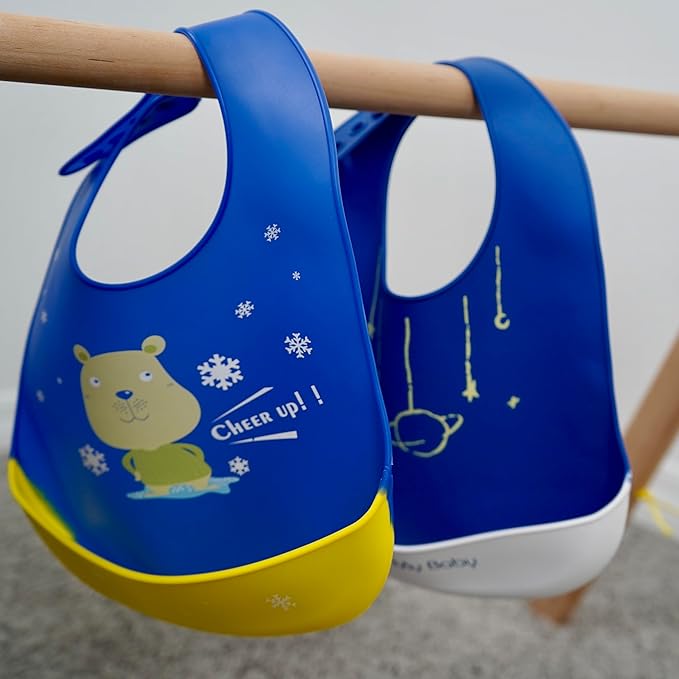 Silicone Baby Bibs Unisex, Self-Feeding, Catch-all Large Pocket, 6-48 months, BPA-Phthalate Free, w/Travel Case